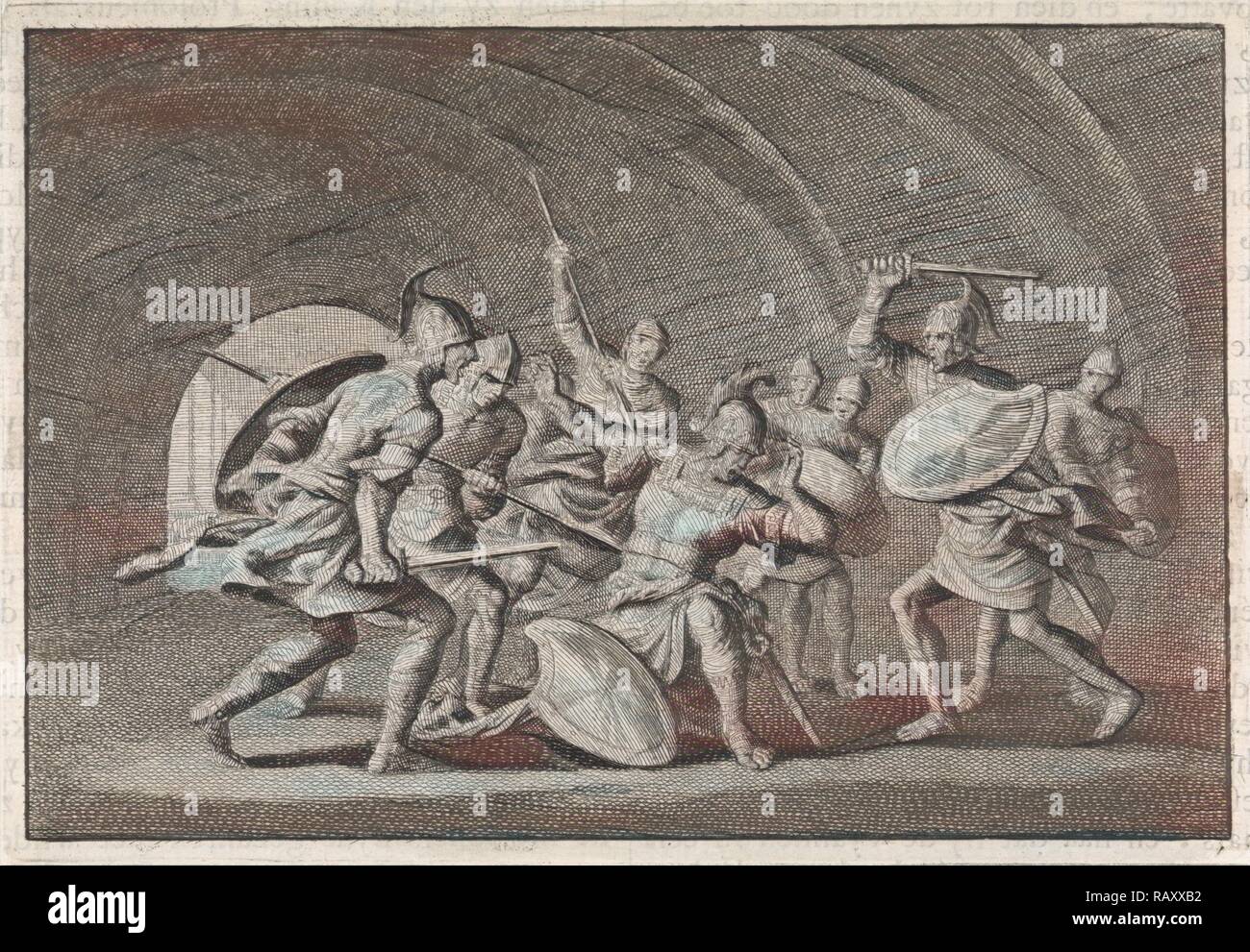 Antigonos, Sohn von Hyrkanus, in einem Tresor durch die Leibwächter von seinem Bruder Aristobulus, Jan Luyken ermordet, Pieter neuerfundene Stockfoto