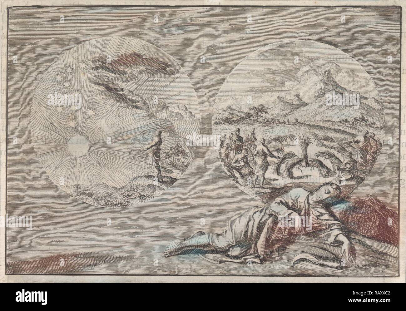 Träume Josephs, Jan Luyken, Pieter Mortier, 1704. Neuerfundene durch Gibon. Klassische Kunst mit einem modernen Touch neuerfundene Stockfoto