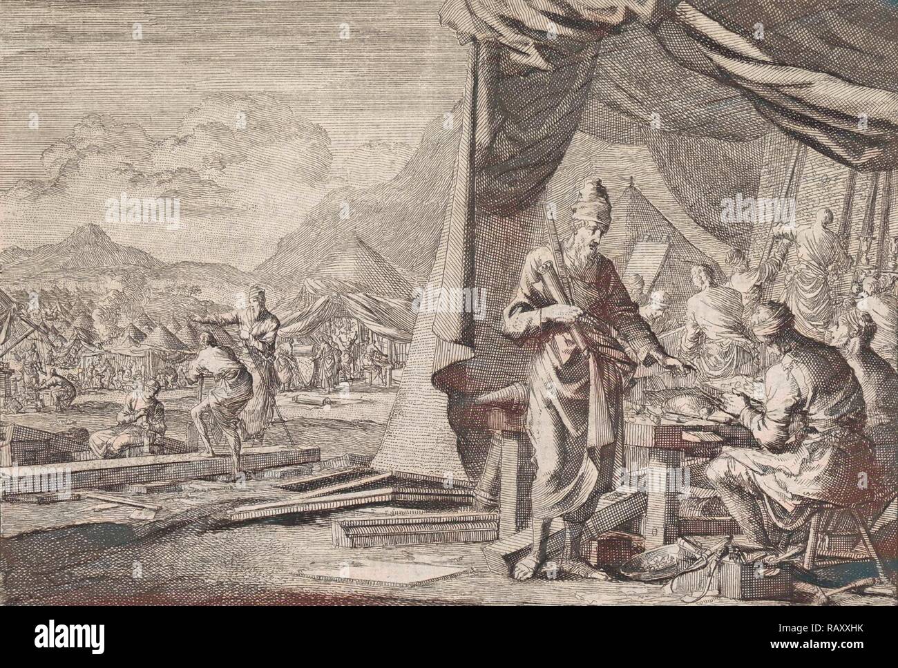 Bau der Stiftshütte, Jan Luyken, Pieter Mortier, 1703 - 1762. Neuerfundene durch Gibon. Klassische Kunst mit einem Neuerfundene Stockfoto