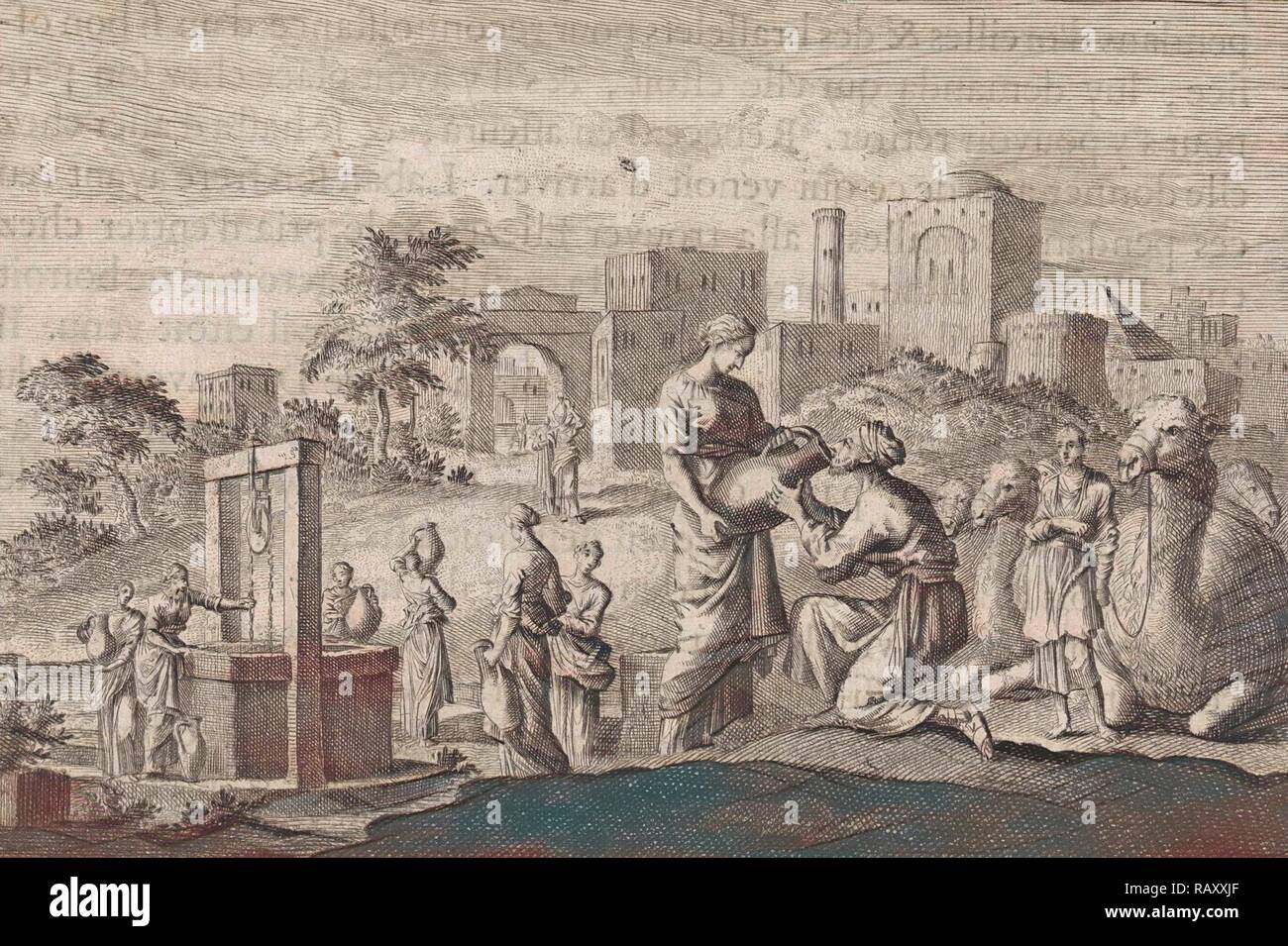 Rebecca und Elieser, Jan Luyken, Pieter Mortier, 1703 - 1762. Neuerfundene durch Gibon. Klassische Kunst mit einem Neuerfundene Stockfoto