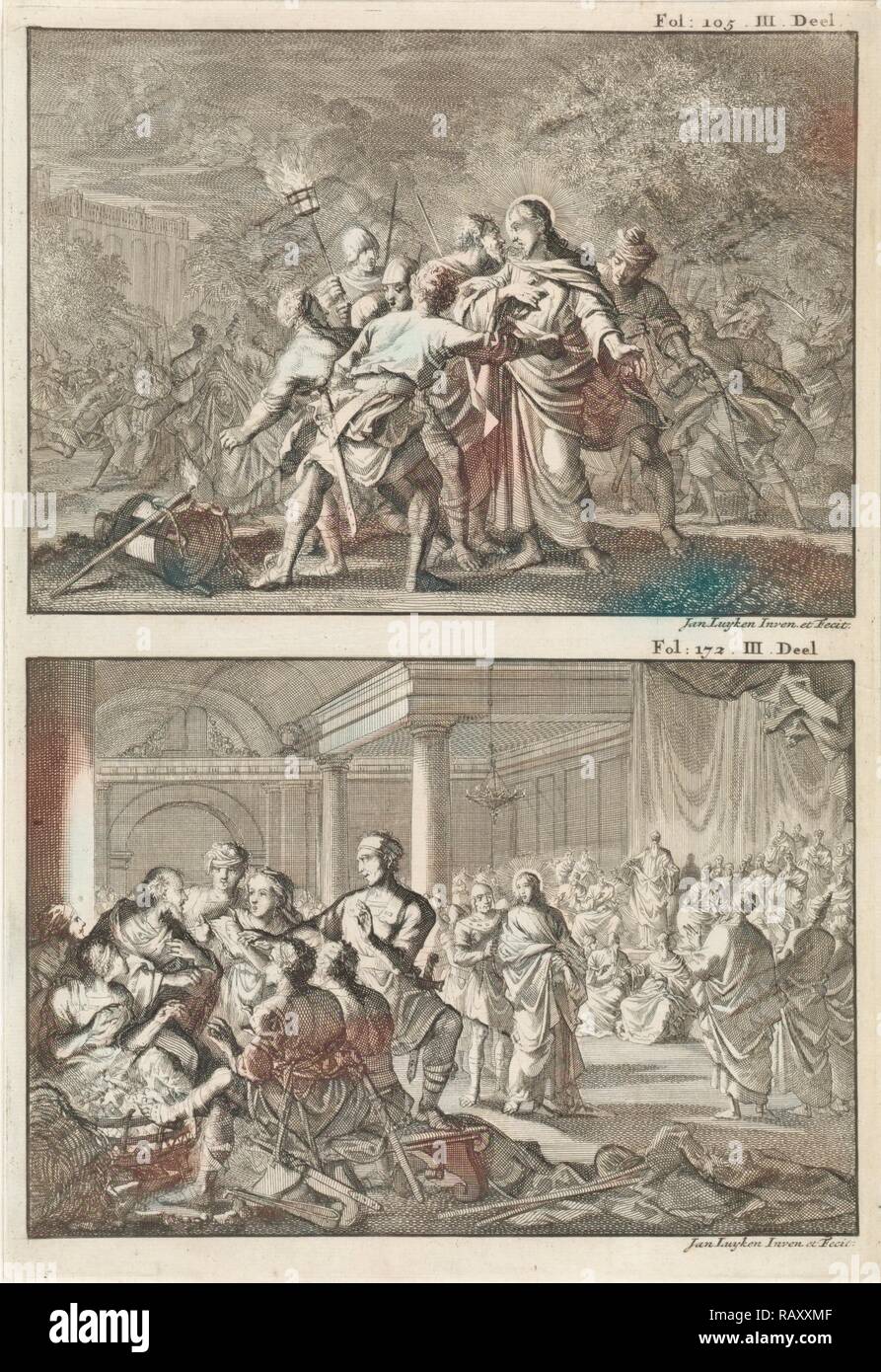 Festnahme von Christus und Petrus verleugnet Christus, Jan Luyken, Willem Broedelet, 1700. Neuerfundene durch Gibon. Klassische Kunst mit einem Neuerfundene Stockfoto