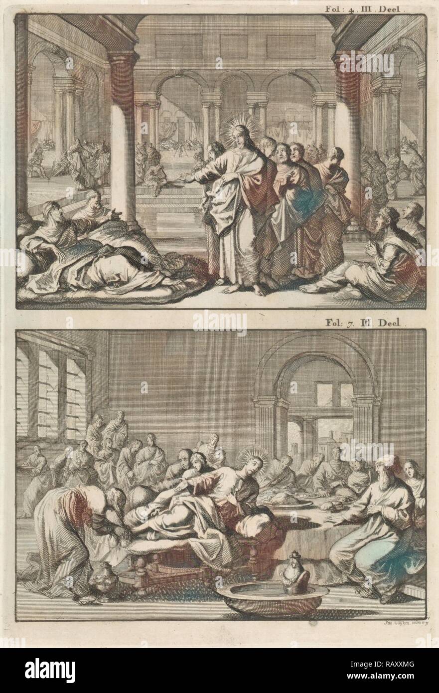 Christus und seine Jünger in das badehaus Siloah und Christus als der Gast der Simon der Pharisäer, Jan Luyken, Willem neuerfundene Stockfoto