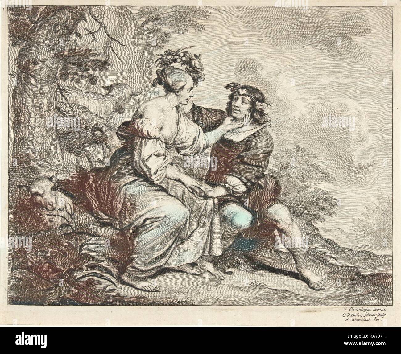 Schäfer und Schäferin in Landschaft, Cornelis Van Dalen (II), Abraham Bloteling, 1648 - 1664. Neuerfundene Stockfoto