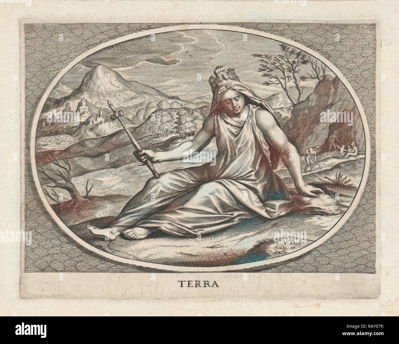 Weibliche Verkörperung der Erde element Wand mit Krone und Zepter, Cornelis Van Dalen II., 1648 - 1664. Neuerfundene Stockfoto