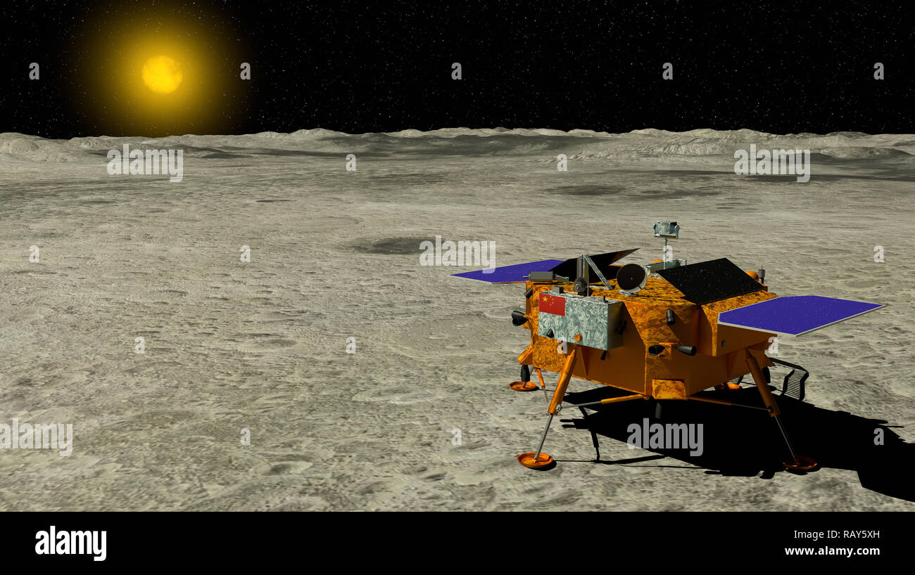 Chinas Chang e4 Mondsonde landete auf der Oberfläche des Mondes am 3. Januar 2019 mit der Sonne im Hintergrund. 3D-Darstellung Stockfoto