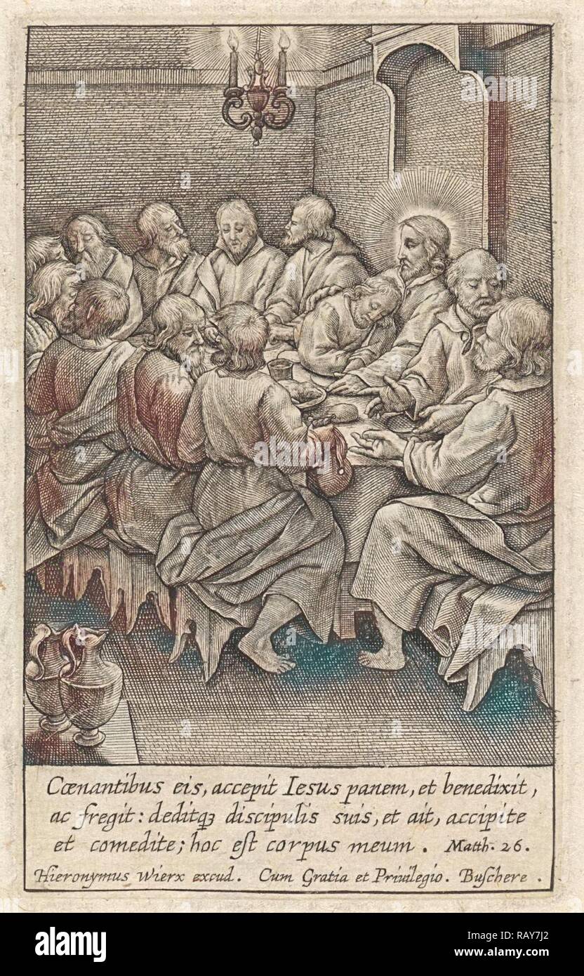 Letzte Abendmahl, Christus und seine Jünger um einen Tisch, Hieronymus Wierix, 1563 - vor 1619. Neuerfundene Stockfoto