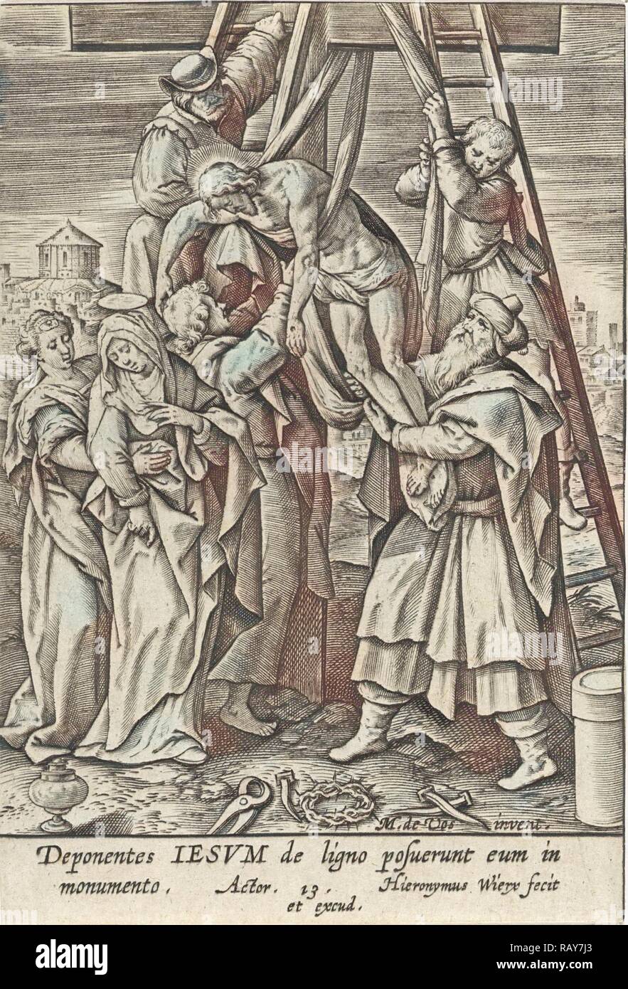 Deposition, drucken Teekocher: Hieronymus Wierix, Maerten de Vos, Hieronymus Wierix, 1563 - vor 1619. Neuerfundene Stockfoto