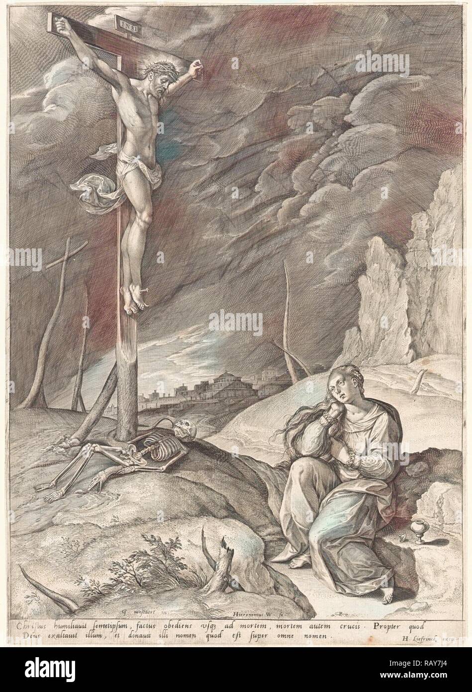 Triumphierende Christus am Kreuz, Hieronymus Wierix, Hans Liefrinck (I), 1563 - 1573. Neuerfundene Stockfoto