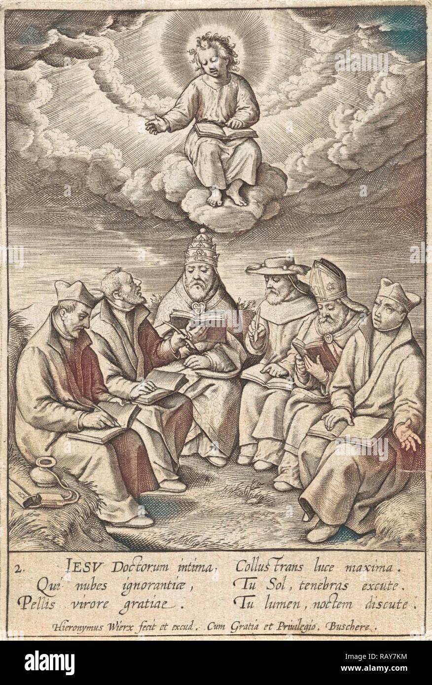 Die Anbetung des Christus Kind durch Klerus, Hieronymus Wierix, 1563 - vor 1619. Neuerfundene durch Gibon. Klassische Kunst mit Neuerfundene Stockfoto