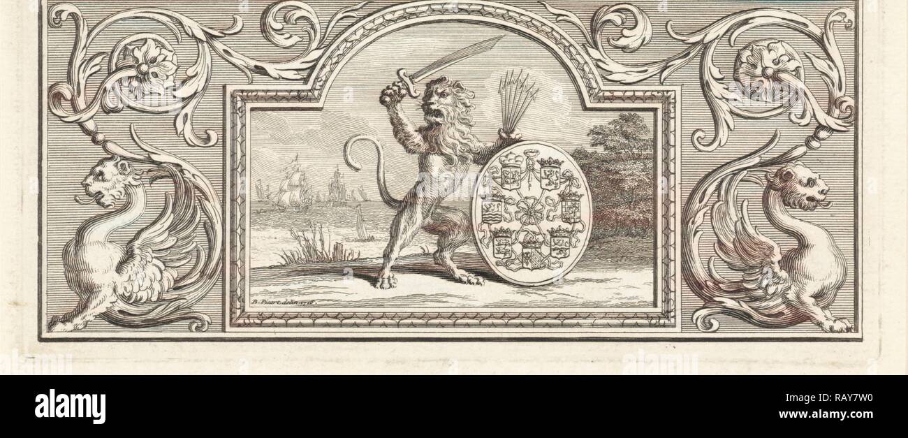 Die Niederländische lion Holding ein Schwert und Köcher mit Pfeilen in der Nähe ein Lager die Wappen der sieben Provinzen, Neuerfundene drucken Stockfoto