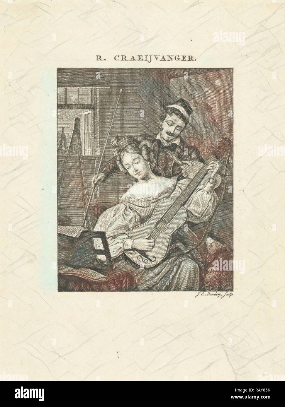 Frau spielt Gitarre und ist ein Modell für die Künstler, Johannes Christiaan Bendorp, Johannes Immerzeel, 1776 - 1847 überarbeitet Stockfoto