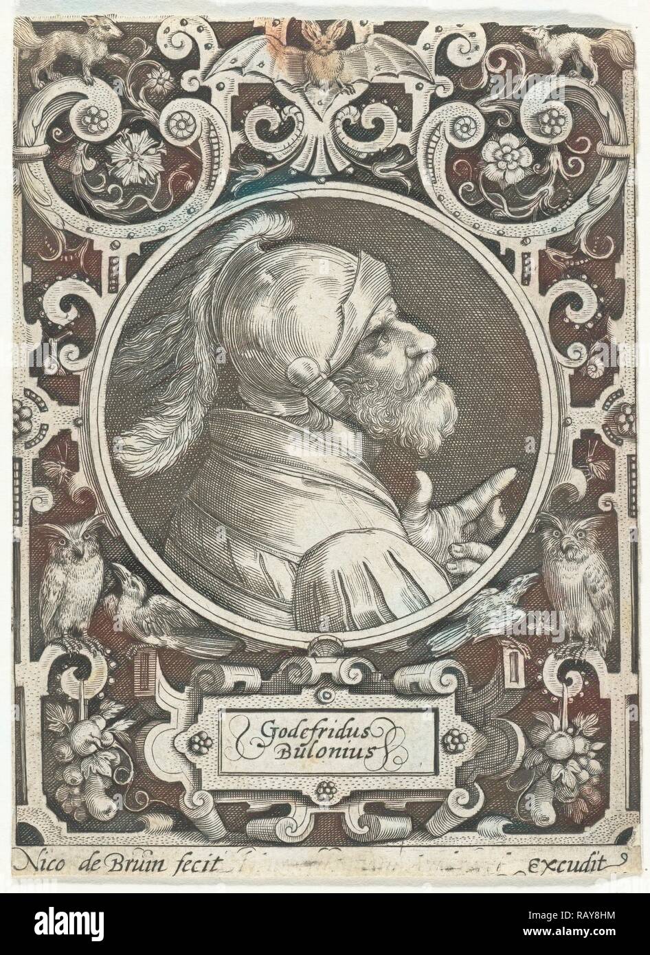 Portrait von Gottfried von Bouillon in Medaillon in rechteckigen Rahmen mit Ornamenten, Nicolaes de Bruyn, Anonyme neuerfundene Stockfoto
