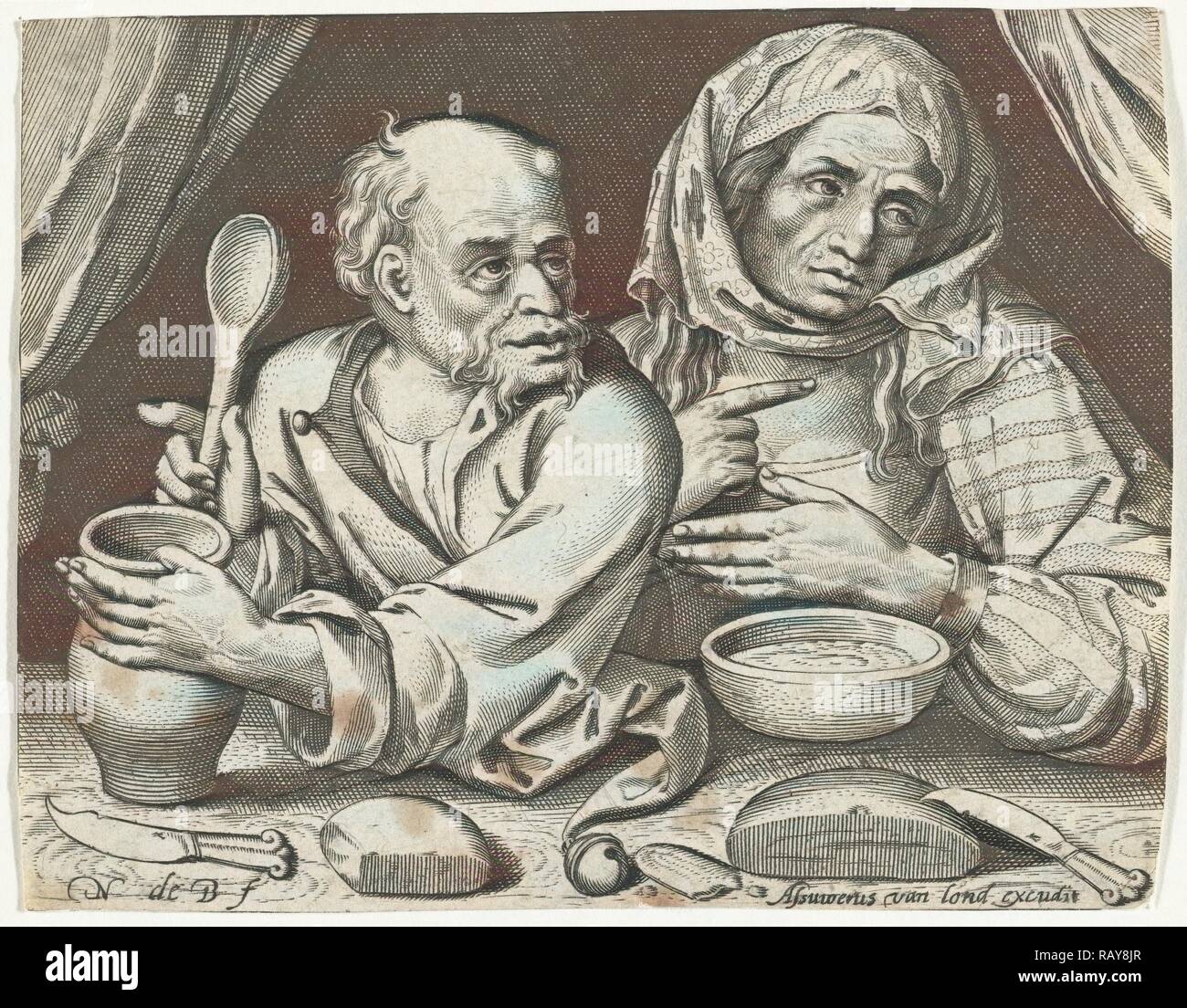 Mann und Frau isst Haferbrei, Nicolaes de Bruyn, Assuerus van Londerseel, 1581 - 1656. Neuerfundene durch Gibon. Klassische neuerfundene Stockfoto