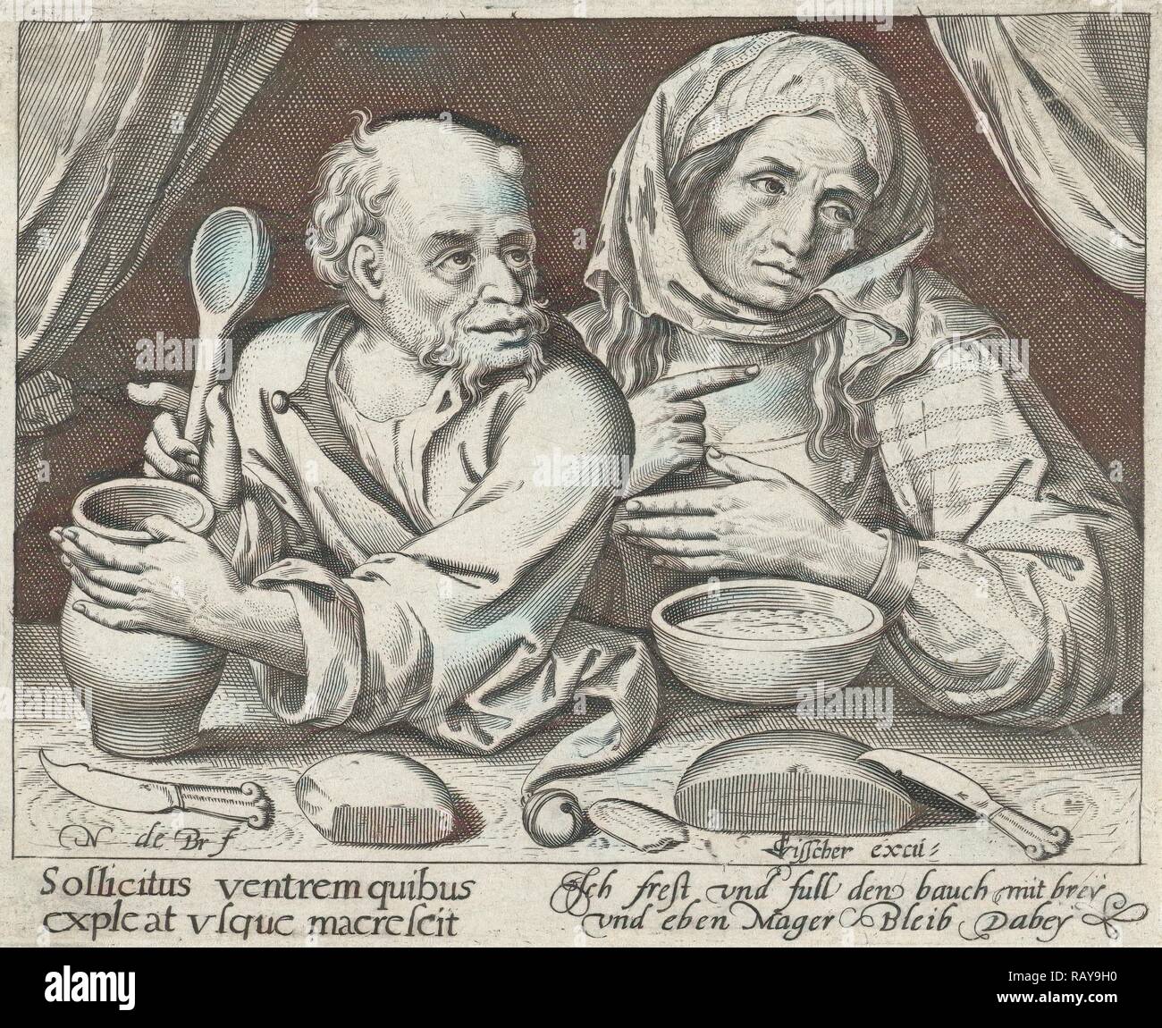 Mann und Frau isst Haferbrei, Nicolaes de Bruyn, Claes Jansz. Visscher (II), 1581 - 1656. Neuerfundene Stockfoto