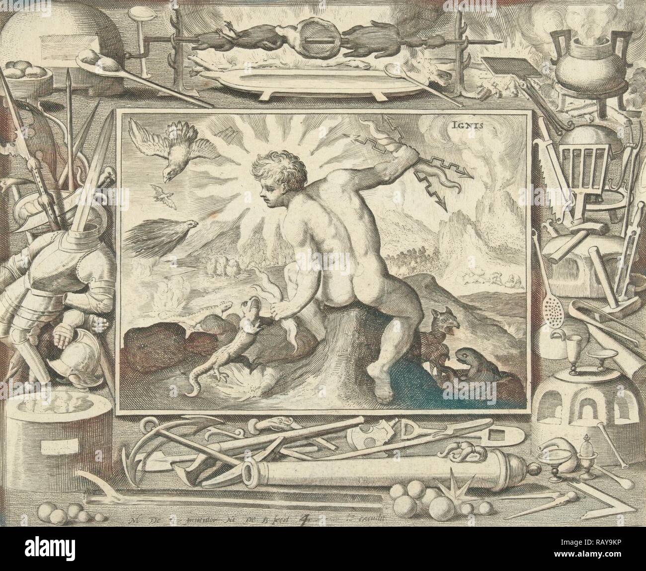 Das Element des Feuers als junger Mann mit Blitz, Nicolaes de Bruyn, 1581 - 1656. Neuerfundene durch Gibon. Klassische Kunst neuerfundene Stockfoto