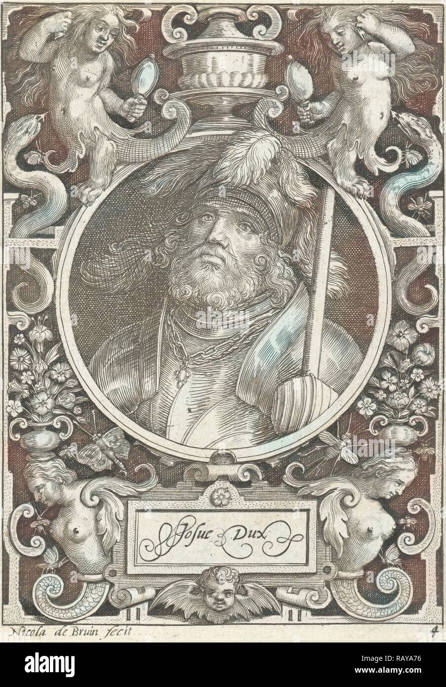 Portrait von Josua Medaillon in rechteckigen Rahmen mit Ornamenten, Nicolaes de Bruyn, 1594. Neuerfundene Stockfoto