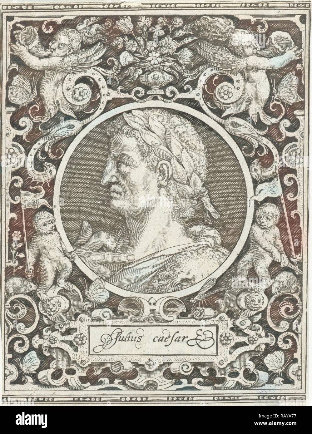 Portrait von Julius Caesar in Medaillon in rechteckigen Rahmen mit Ornamenten, Nicolaes de Bruyn, 1594. Neuerfundene Stockfoto