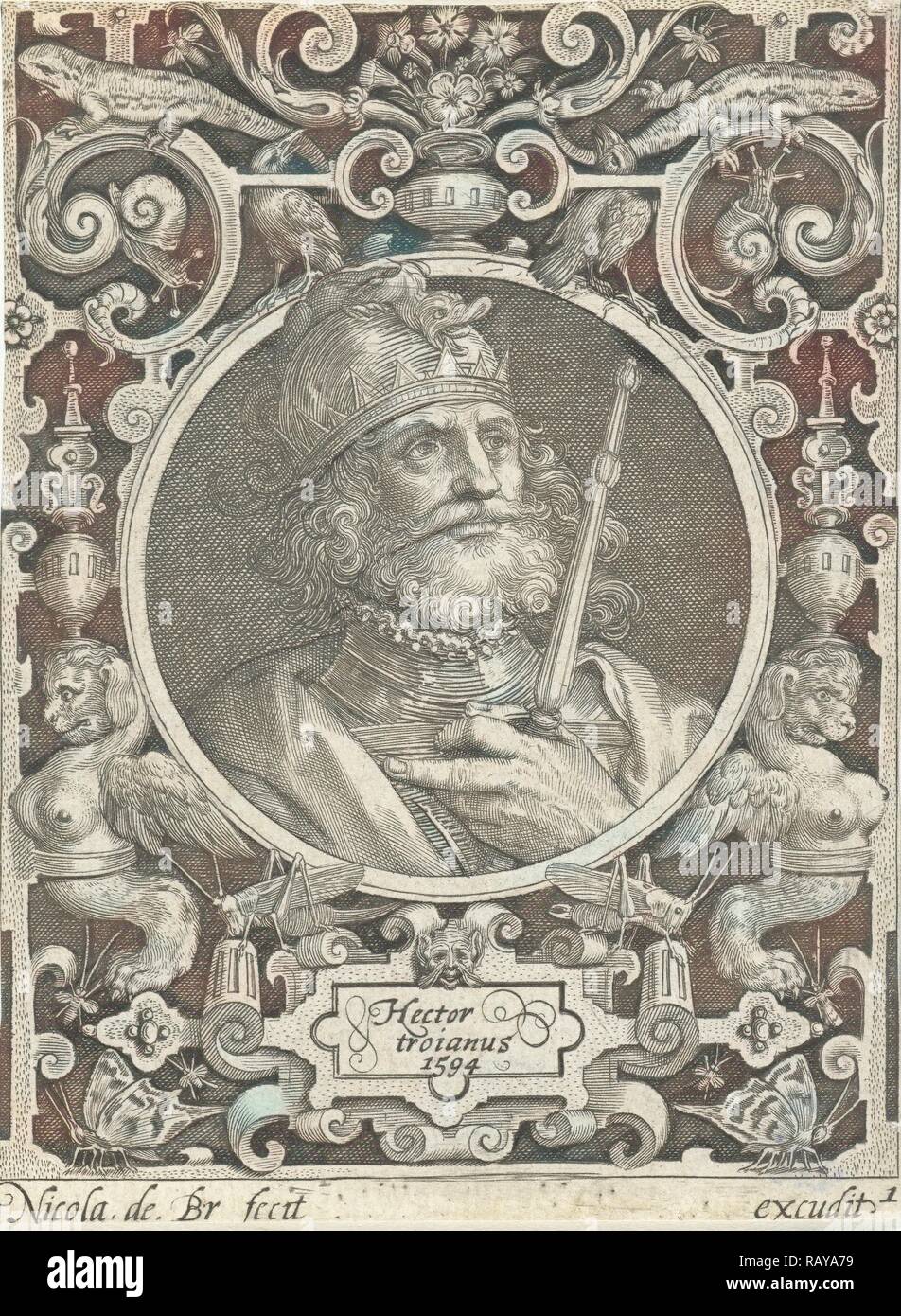 Portrait von Hektor von Troja in Medaillon in rechteckigen Rahmen mit Ornamenten, drucken Teekocher: Nicolaes de Bruyn neuerfundene Stockfoto
