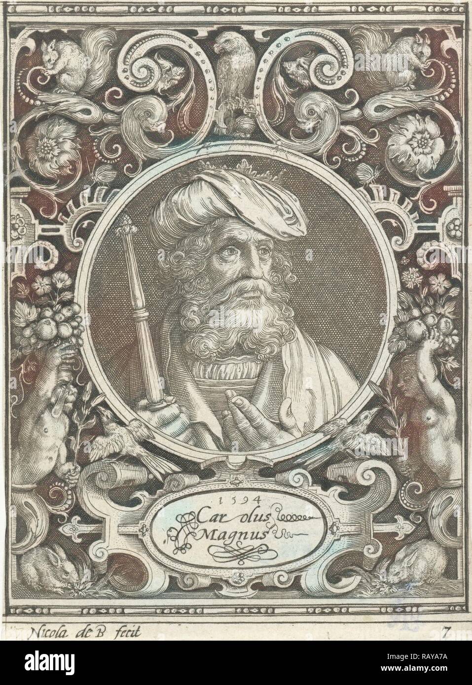 Porträt von Karl dem Großen in Medaillon in rechteckigen Rahmen mit Ornamenten, Nicolaes de Bruyn, 1594. Neuerfundene Stockfoto