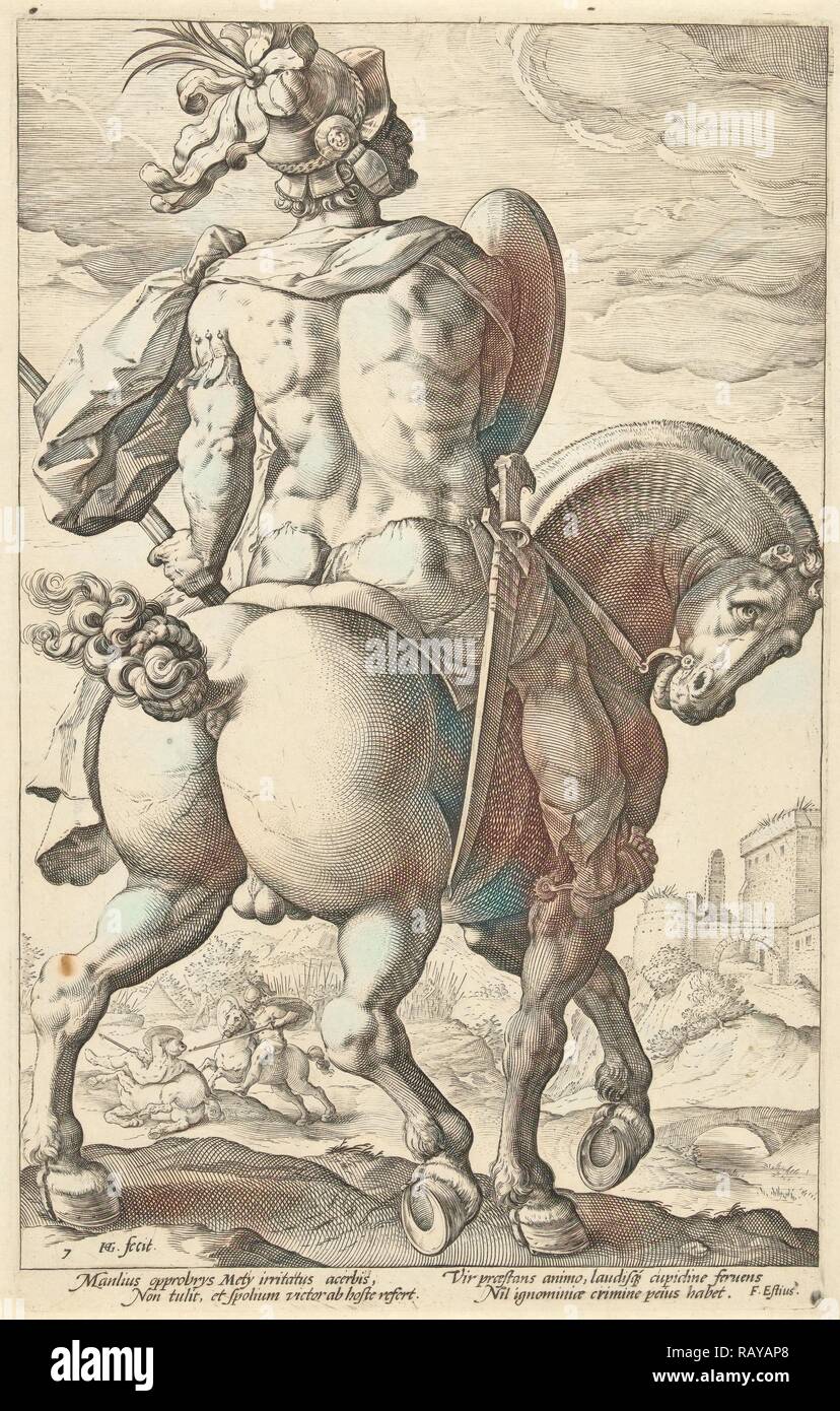 Titus Manlius zu Pferd, Hendrick Goltzius, 1586. Neuerfundene durch Gibon. Klassische Kunst mit einem modernen Touch neuerfundene Stockfoto