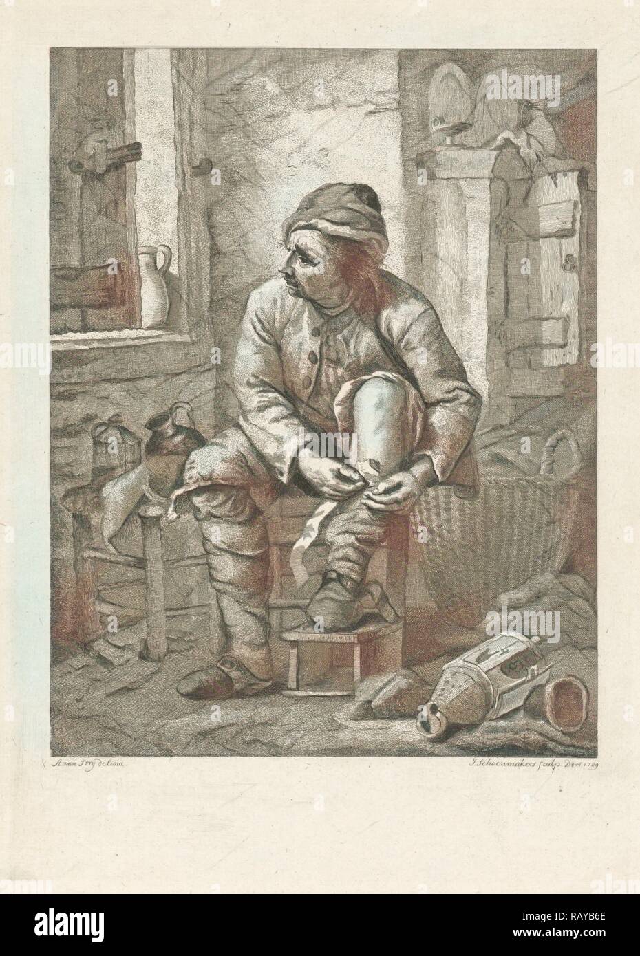 Man bindet sich das Bein, Johannes Schoenmakers, 1789. Neuerfundene durch Gibon. Klassische Kunst mit einem modernen Touch neuerfundene Stockfoto