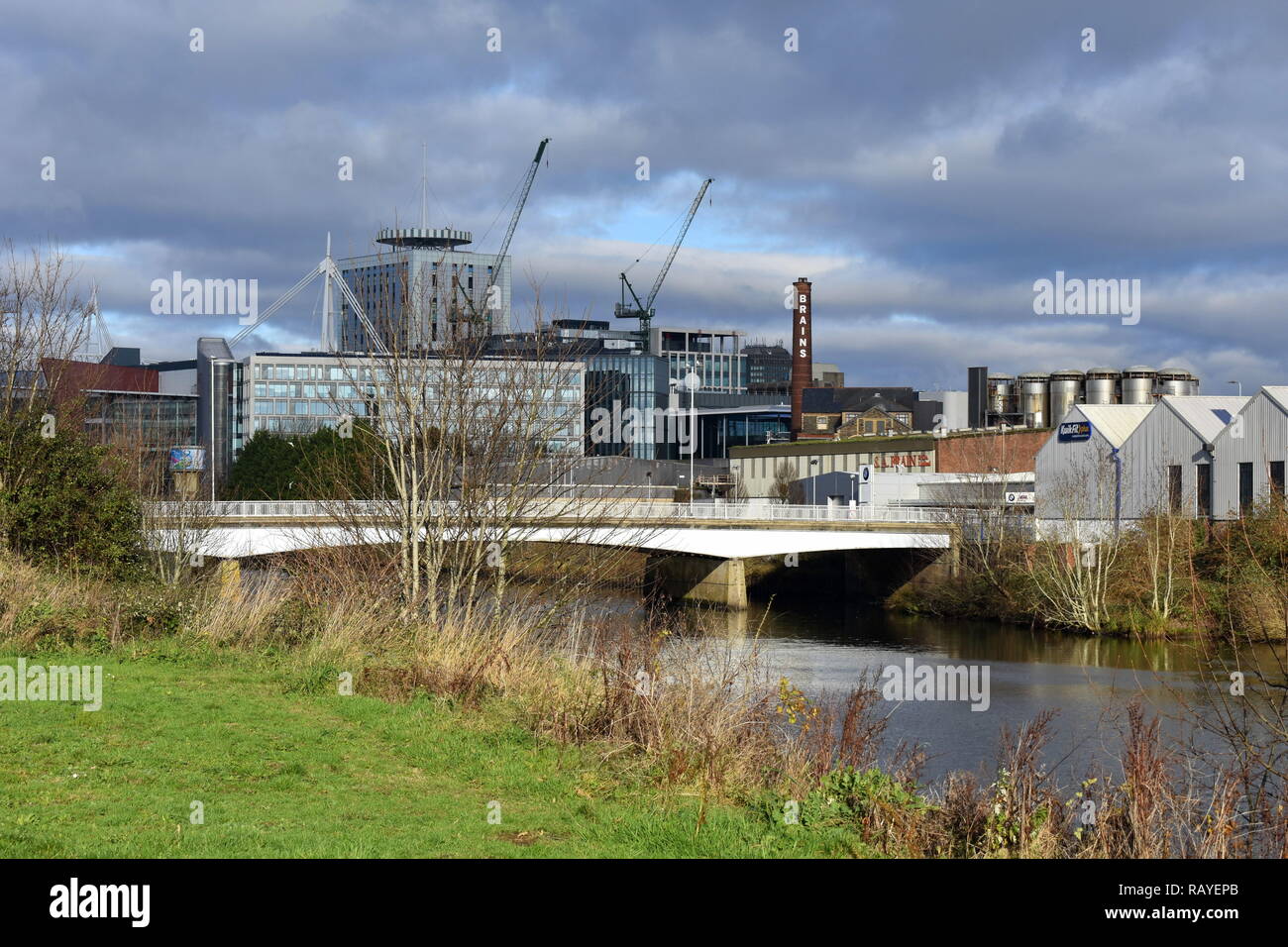 Blick über den Fluss Taff zu Gehirne Brauerei, Cardiff, South Glamorgan, Wales Stockfoto