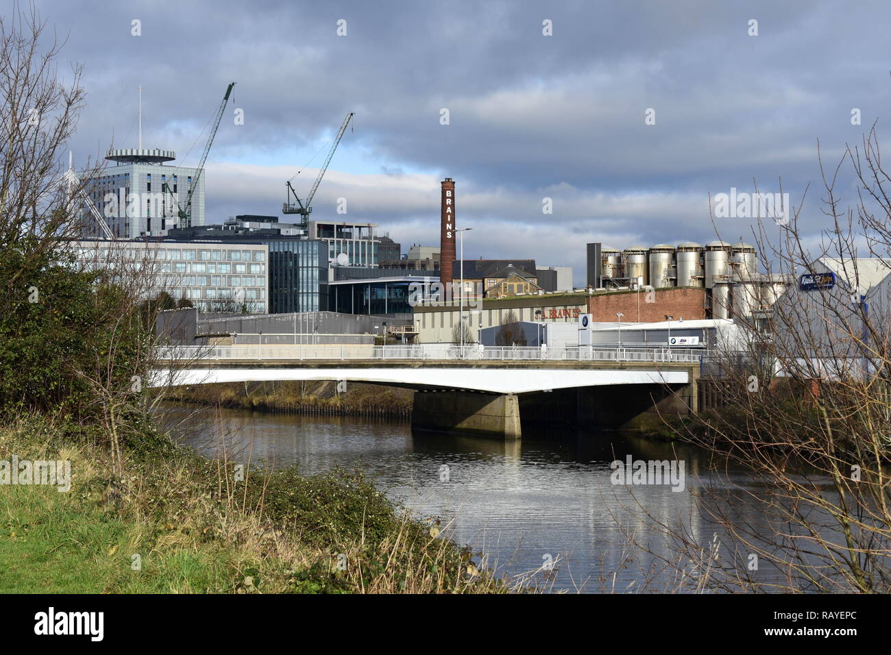 Blick über den Fluss Taff zu Gehirne Brauerei, Cardiff, South Glamorgan, Wales Stockfoto