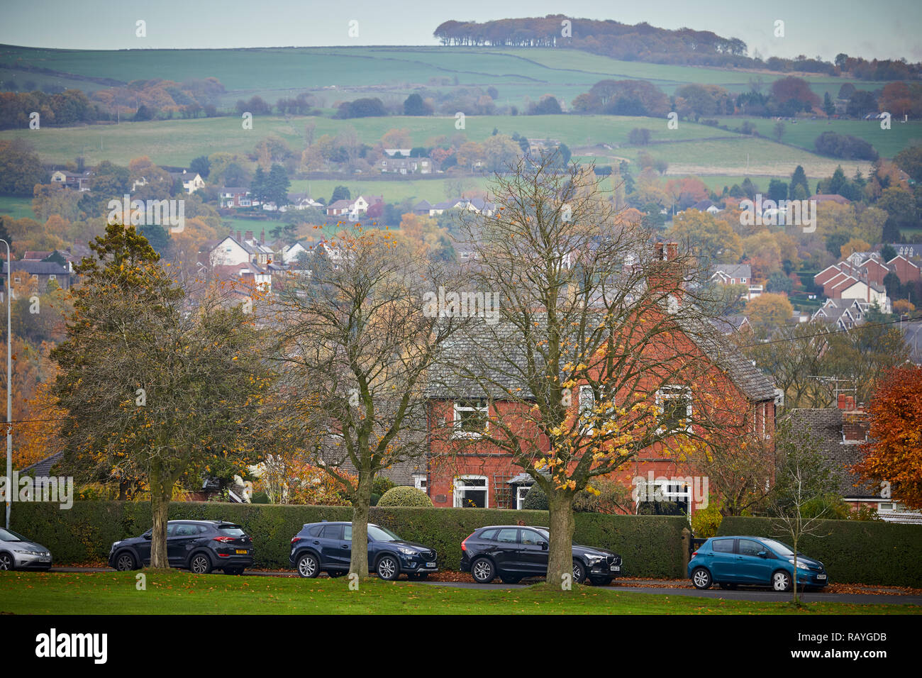 Marpel Dorf in Stockport, Cheshire die Hügel über dem Grün gesehen Stockfoto