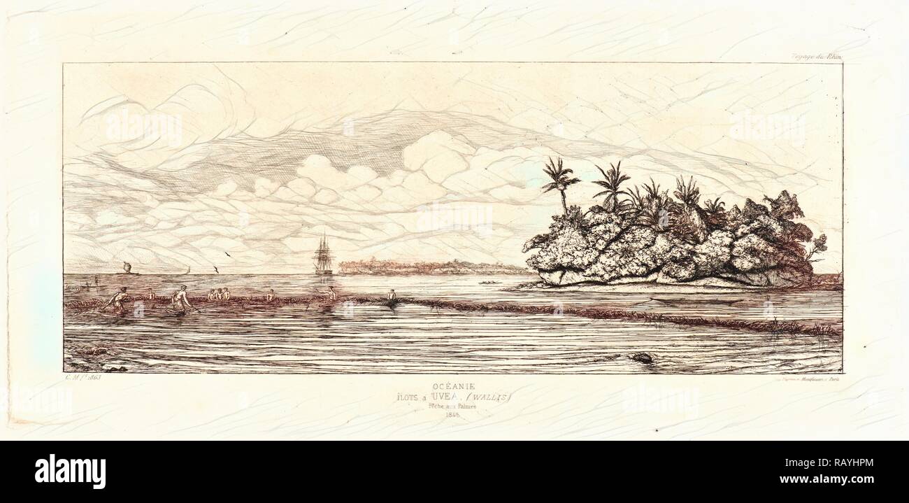 Charles Meryon (Französisch, 1821 - 1868). Océania: Angeln, in der Nähe von Inseln mit Palmen in der UVEA oder Wallis Gruppe (Industriegüter neuerfundene Stockfoto