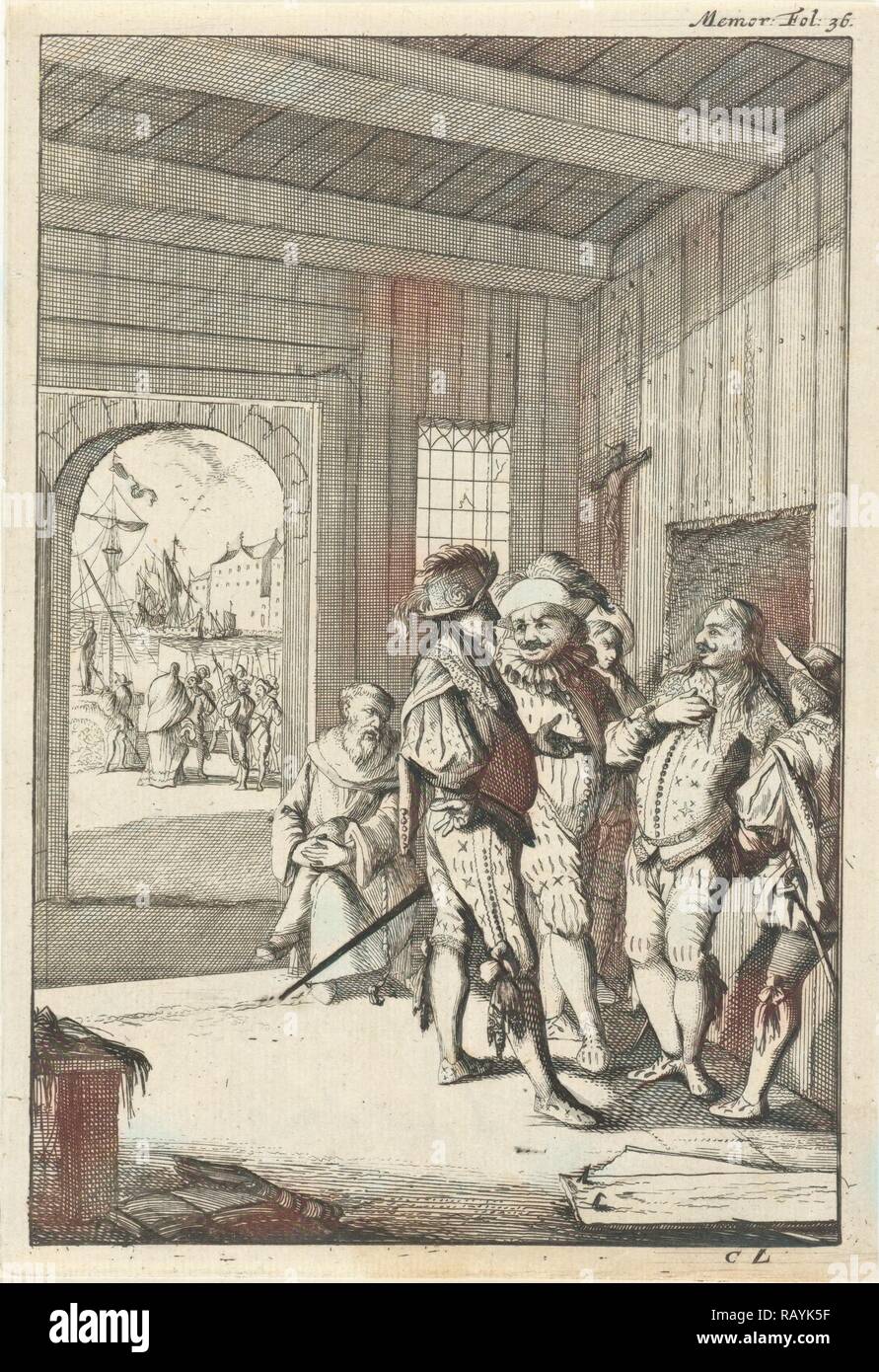 Don Ferdinando de Valenzuela ist in seinem Versteck entdeckt, Caspar Luyken, Willem Broedelet, 1696. Neuerfundene Stockfoto