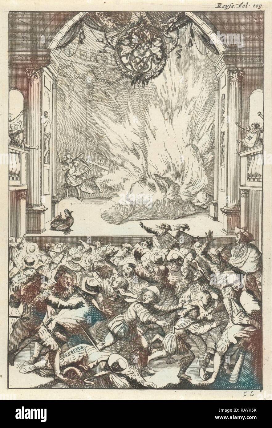 Schweres Feuer auf der Bühne, Caspar Luyken, Willem Broedelet, 1696. Neuerfundene durch Gibon. Klassische Kunst mit einem modernen Touch neuerfundene Stockfoto