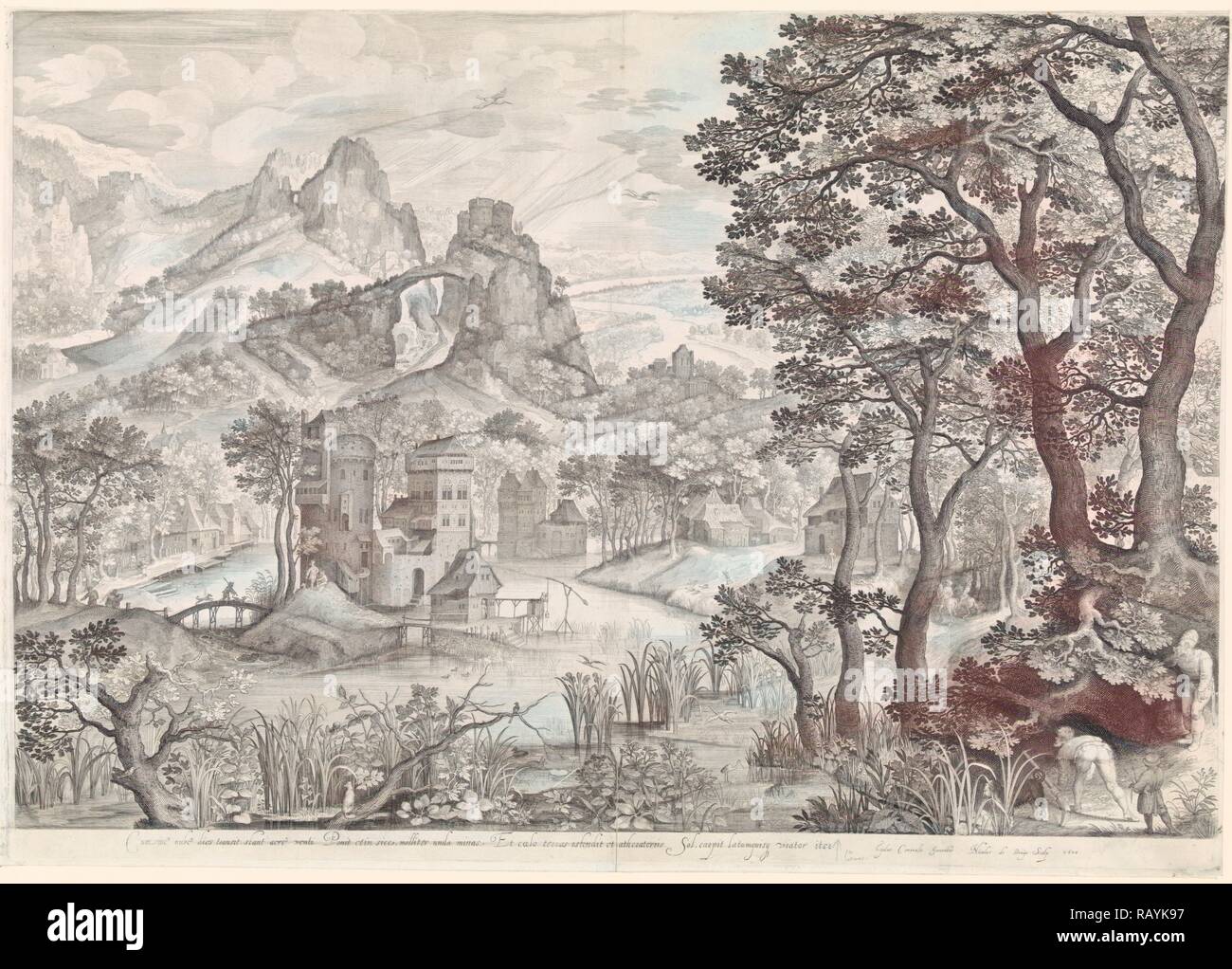 Landschaft mit Entenjagd, Nicolaes de Bruyn, 1600. Neuerfundene durch Gibon. Klassische Kunst mit einem modernen Touch neuerfundene Stockfoto