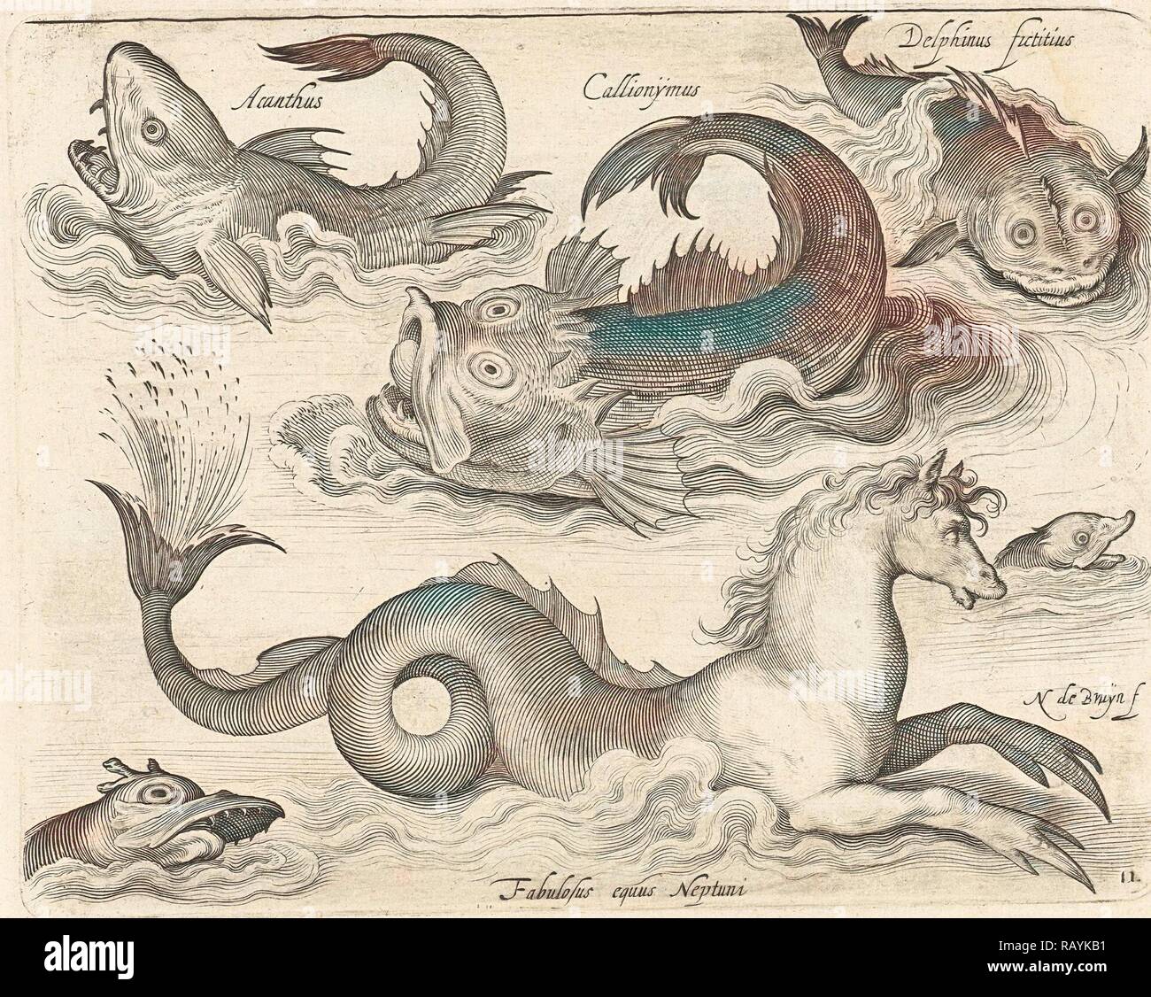 Fantastische wirbellose Tiere, darunter ein Seepferdchen, Nicolaes de Bruyn, 1581 - 1656. Neuerfundene durch Gibon. Klassische Kunst mit Neuerfundene Stockfoto