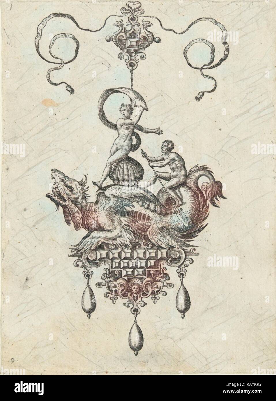 Anhänger mit Drachen mit einem doppelten Shell auf seinem Rücken, Adriaen Collaert, Hans collaert I, Philips Galle, 1582 überarbeitet Stockfoto