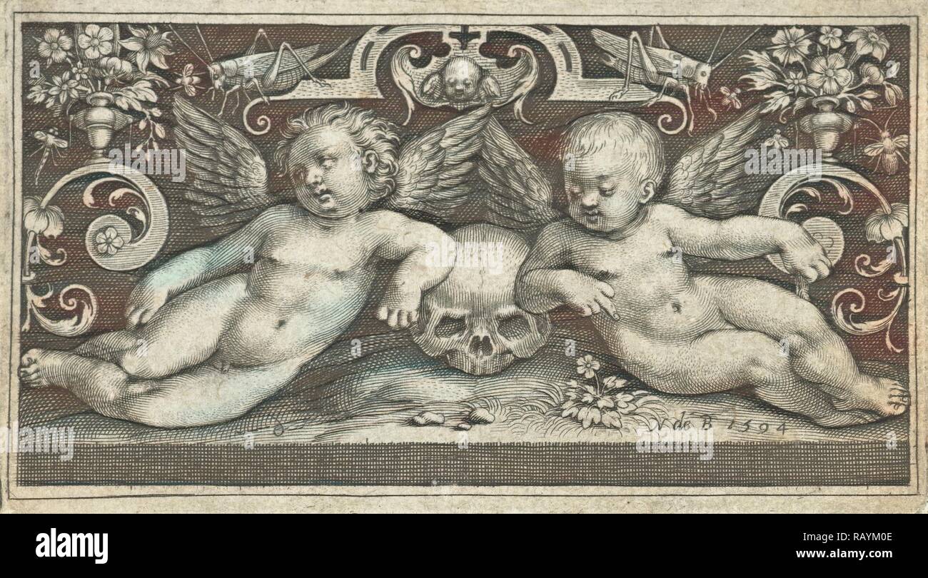 Zwei kämpfende Kinder, Reiten auf Ziegen, Kinder, die Posaune blasen flankiert, Nicolaes de Bruyn, 1594. Neuerfundene Stockfoto