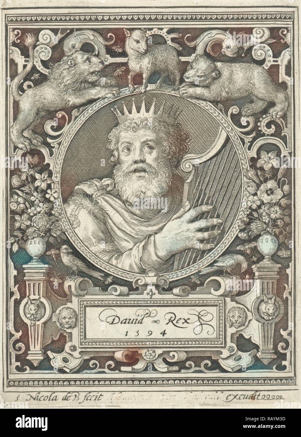 Porträt von König David im Medaillon in rechteckigen Rahmen mit Ornamenten, Nicolaes de Bruyn, Anonym, 1594 überarbeitet Stockfoto