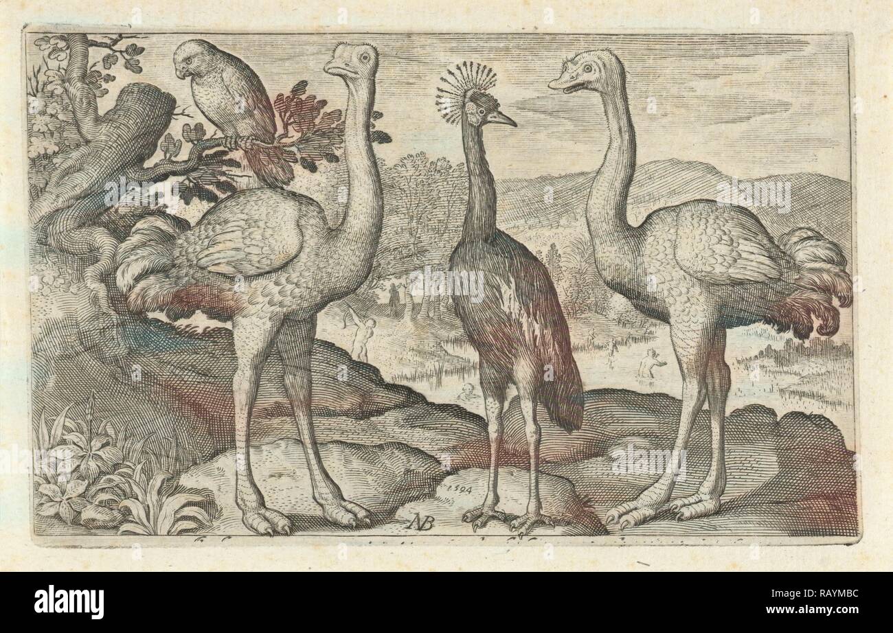 Kran zwischen zwei Strauße, drucken Teekocher: Nicolaes de Bruyn, Nicolaes de Bruyn, Francoys van Beusekom, 1594 überarbeitet Stockfoto