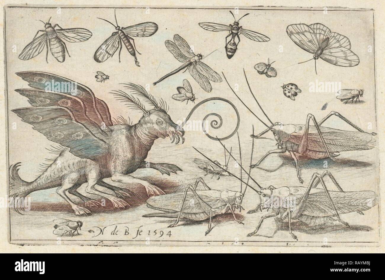 Heuschrecken und Fantasy Wesen mit Flügeln, Nicolaes de Bruyn, 1594. Neuerfundene durch Gibon. Klassische Kunst mit einem modernen Neuerfundene Stockfoto