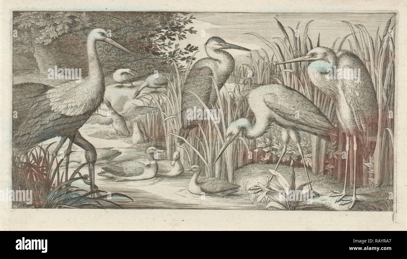Störche und Enten auf einem Teich, Jan van Londerseel, 1580 - 1625. Neuerfundene durch Gibon. Klassische Kunst mit einem modernen Touch neuerfundene Stockfoto