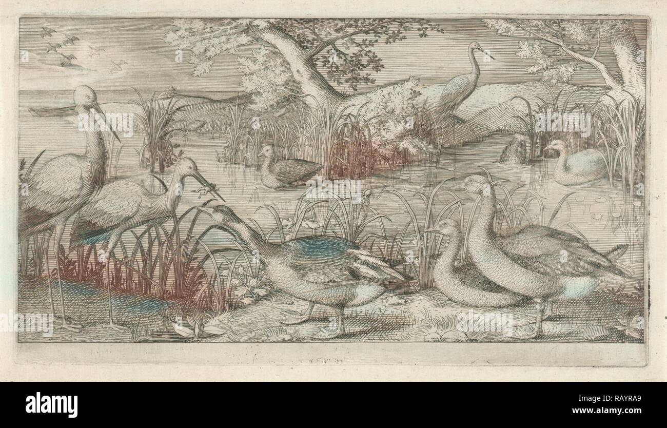 Wasservögel in einem Teich, Jan van Londerseel, 1580 - 1625. Neuerfundene durch Gibon. Klassische Kunst mit einem modernen Touch neuerfundene Stockfoto