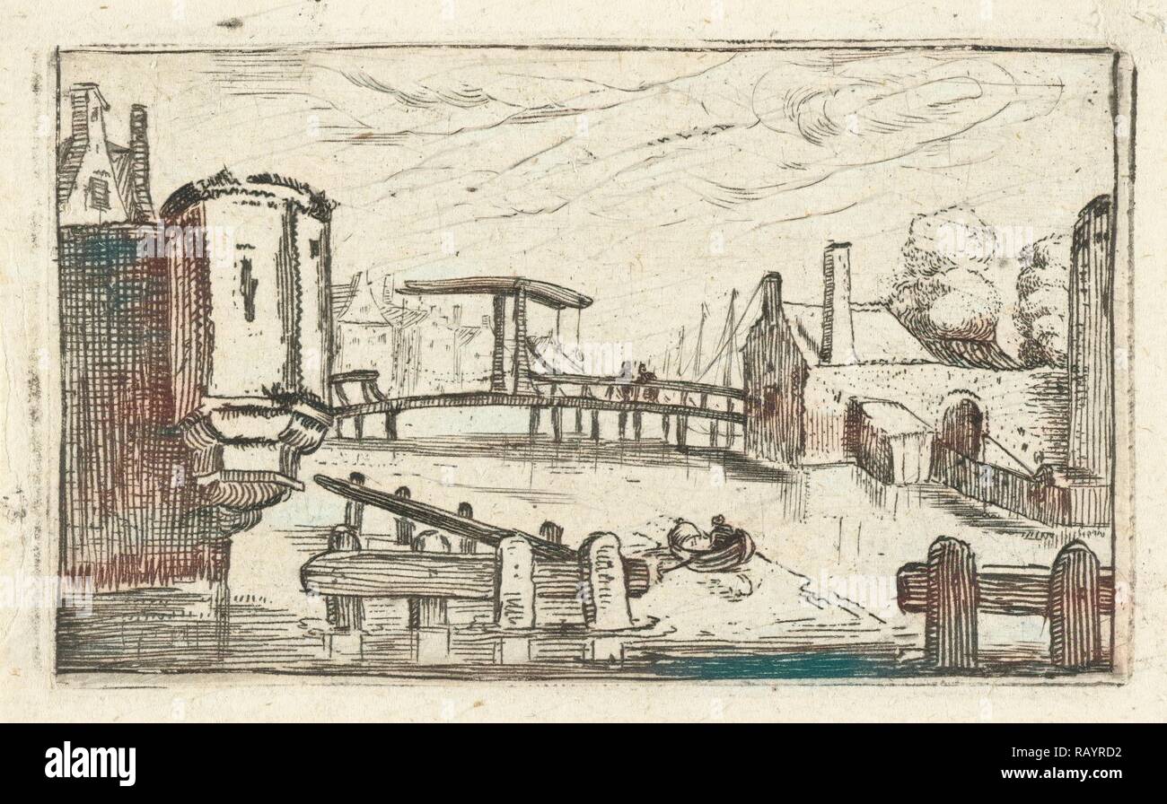 Kanal mit Zugbrücke, in einer Stadt, Anonym, 1613-1680. Neuerfundene durch Gibon. Klassische Kunst mit einem modernen Touch neuerfundene Stockfoto