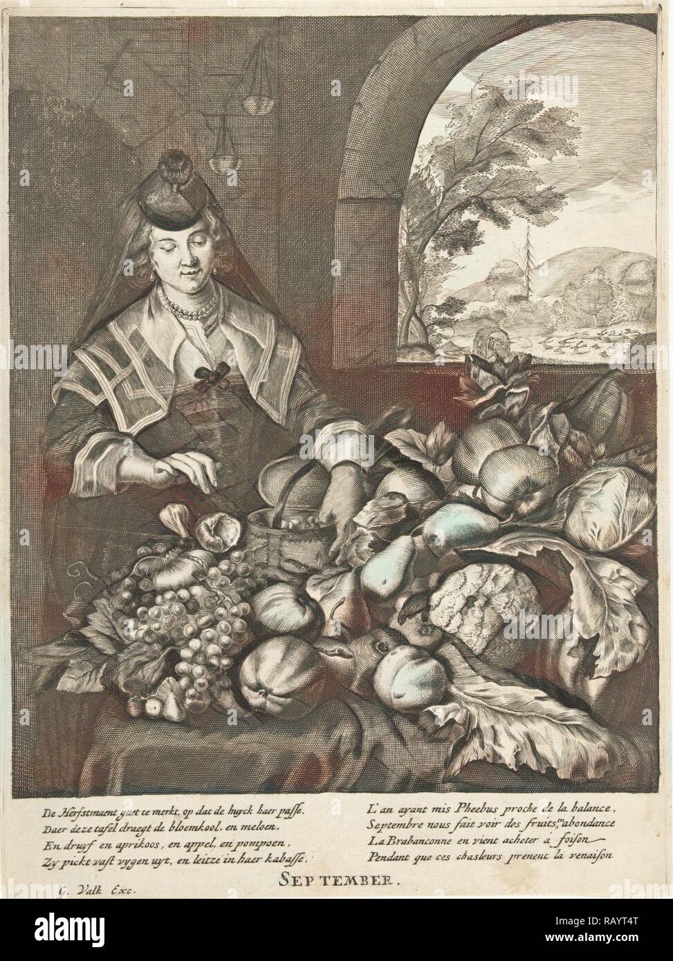 September als Frau am Tisch, beladen mit Früchten und Gemüse, Cornelis Van Dalen II, Anonyme vertreten, Joachim neuerfundene Stockfoto