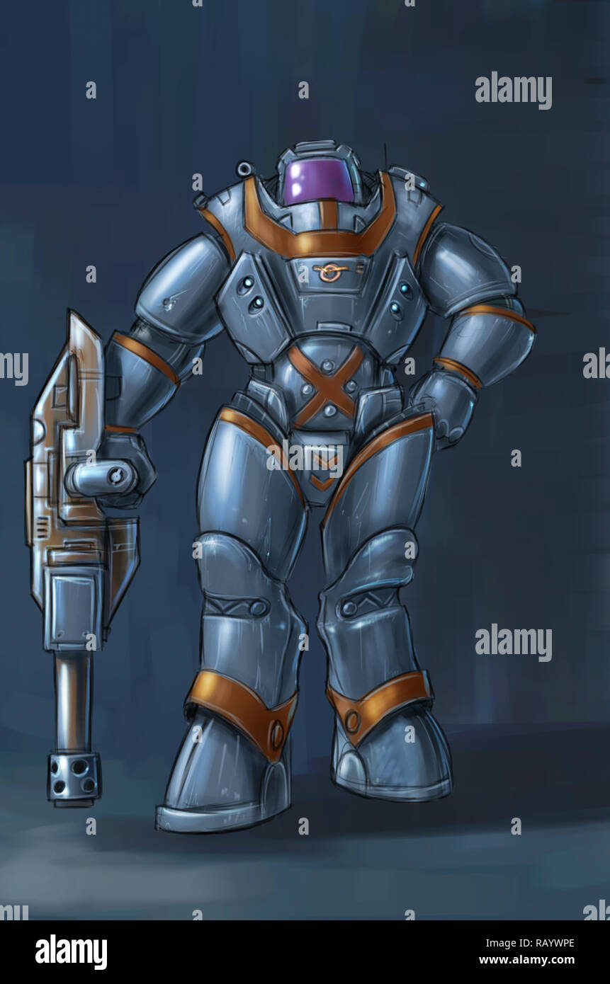 Concept Art Science Fiction Abbildung: Futuristische Soldat Charakter in schwerer Rüstung oder Spacesuit Holding Gun Stockfoto