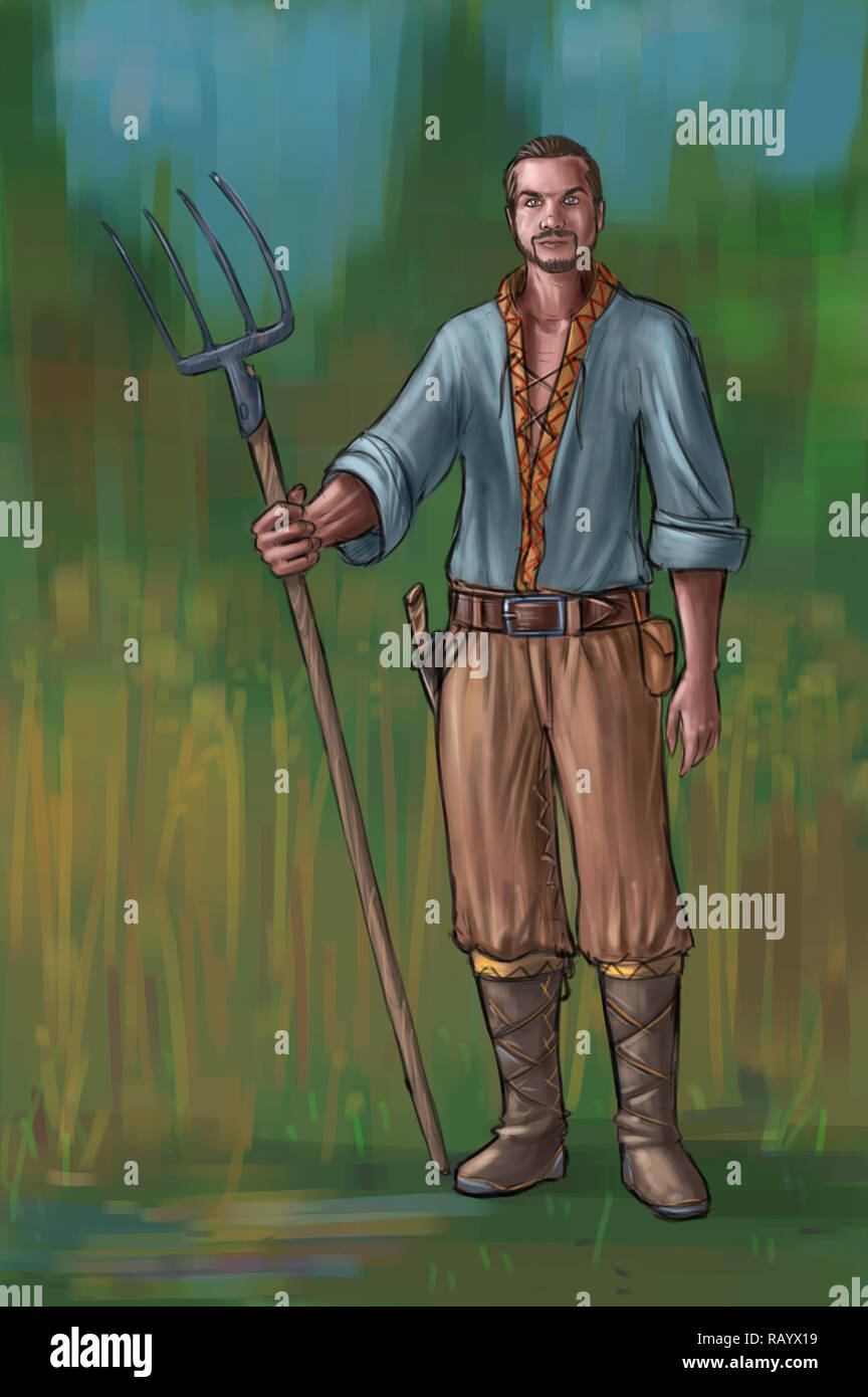 Concept Art Fantasy Abbildung: Junge Dorfbewohner, Landsmann, Landwirt oder Dorf Mann mit Gabel Stockfoto