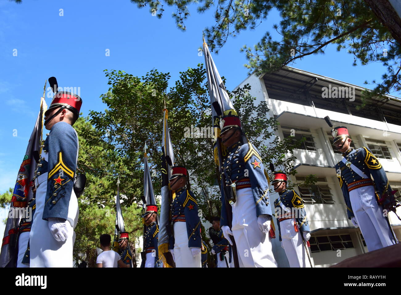 Kadetten der Philippinischen Militärakademie (PMA) Durchführen von marschierenden während der Feier der Länder Independence Day in Baguio City Philippinen Stockfoto