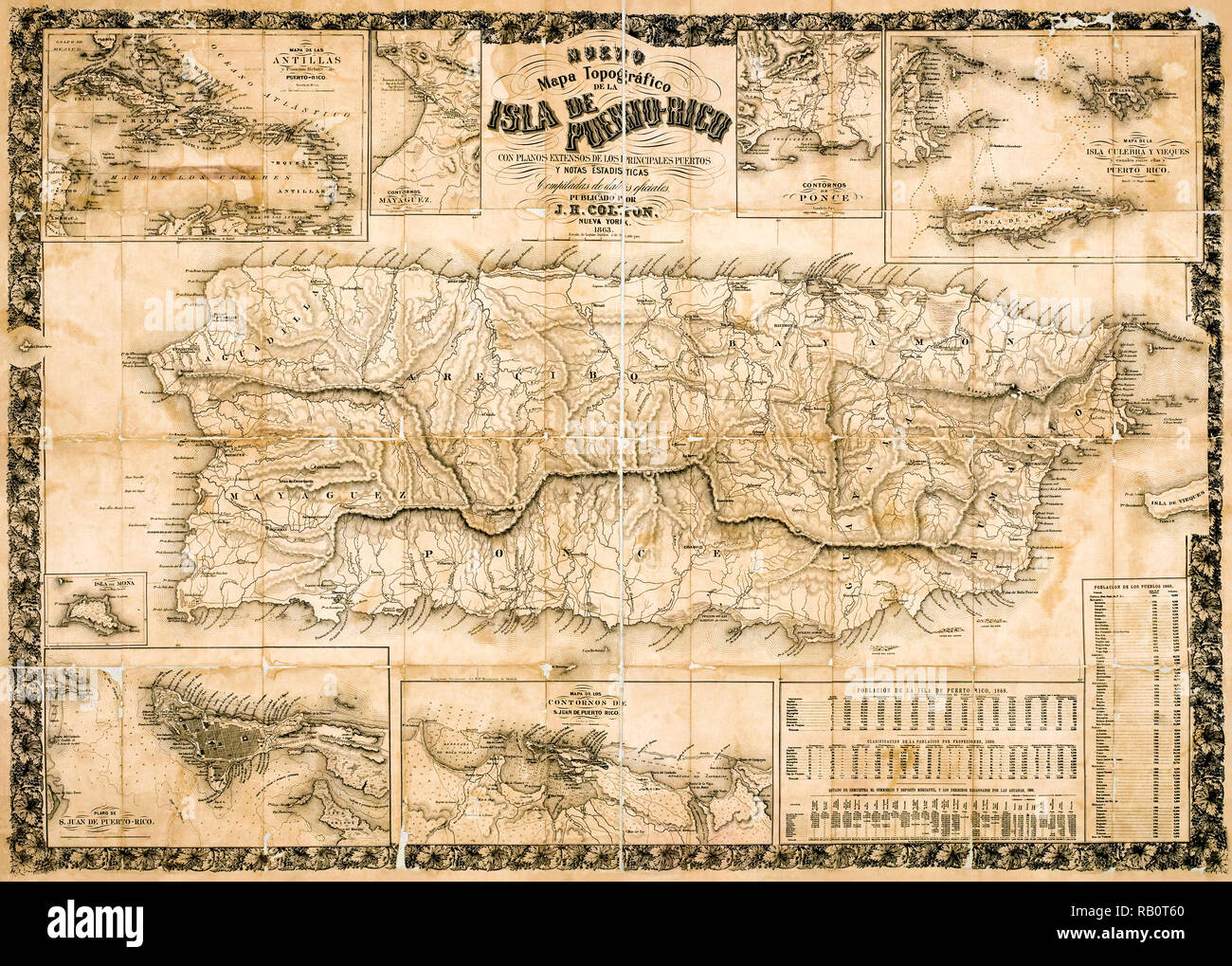 Antike topographische Karte von Puerto Rico 1863 Während unter spanischer Herrschaft. Stockfoto
