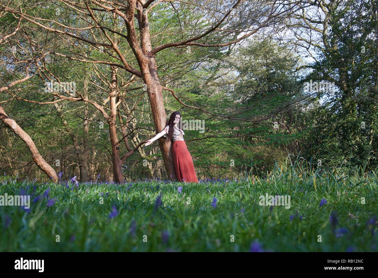 Eine modisch gekleidete junge Dame mit langen brünetten Haaren und roten Leuchtraketen lehnt sich gegen einen Baum mit ihrem Arm ausgestreckt. Die englische Waldland ist Carpe Stockfoto