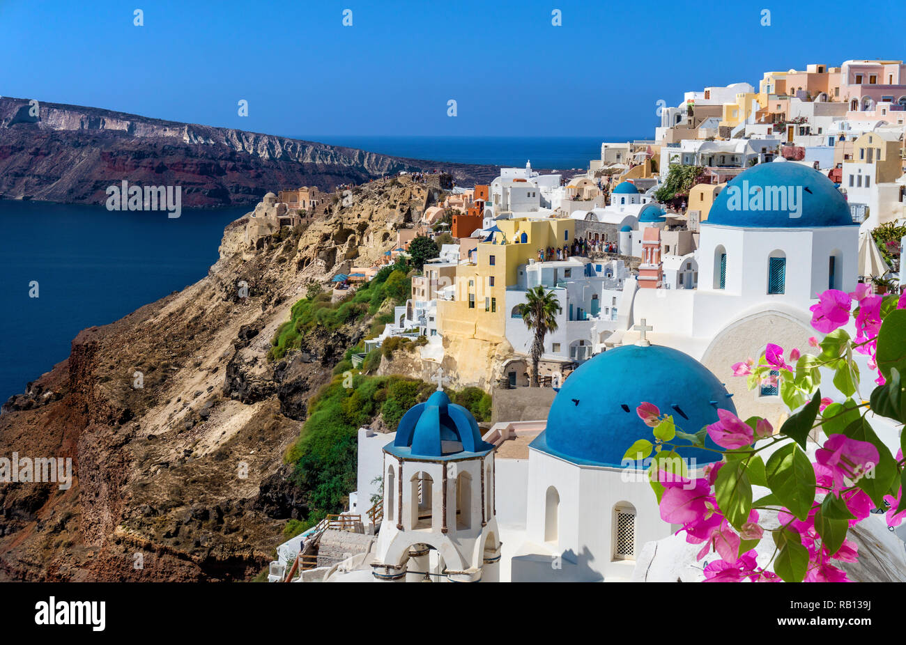 Blick auf Santorin Oia in Griechenland mit blauen Kuppeln und weißen Häusern auf einer Klippe mit Bougainvillea Blume Stockfoto