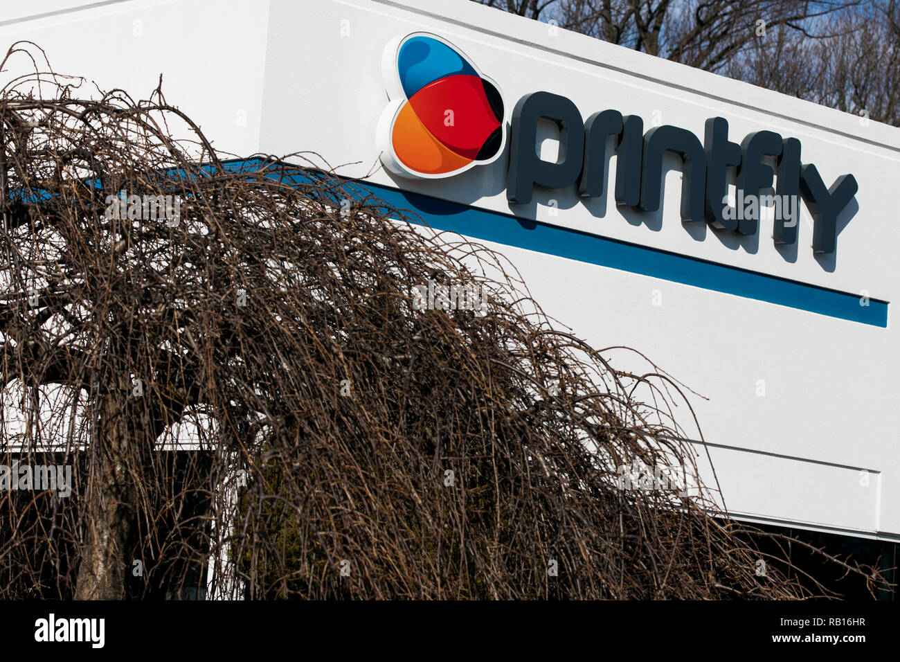 Ein logo Zeichen außerhalb des Hauptsitzes der Printfly in Philadelphia, Pennsylvania, am 23. Dezember 2018. Stockfoto