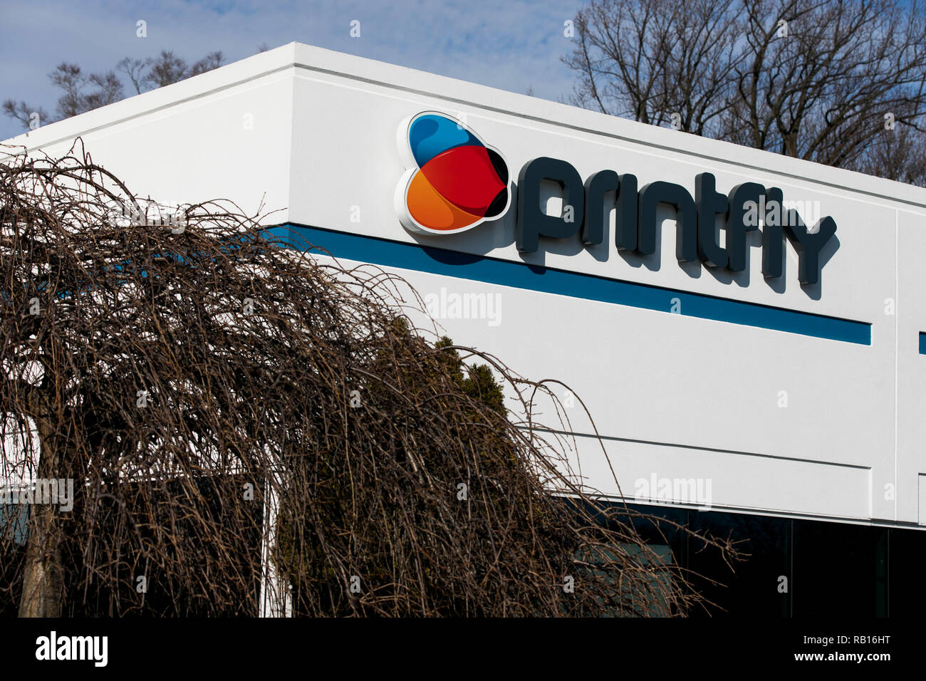 Ein logo Zeichen außerhalb des Hauptsitzes der Printfly in Philadelphia, Pennsylvania, am 23. Dezember 2018. Stockfoto